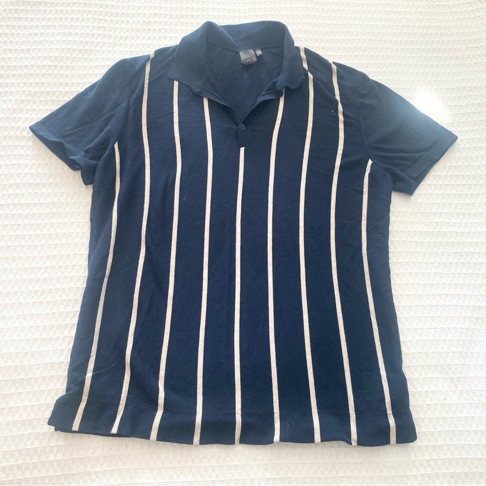 H&M Dark Blue and White Striped Sweater Knit Polo Shirt Large